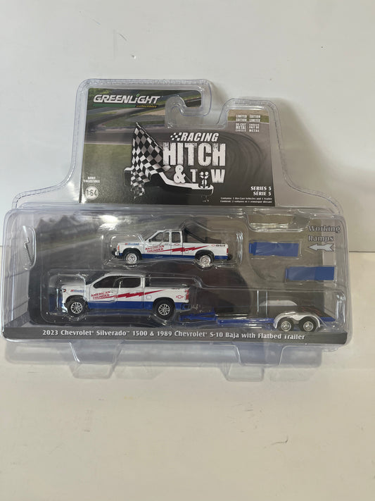 1/64 Greenlight Hitch & Tow 2023 Chevy Silverado 1500 & 1989 Chevy S-10 Baja w/ Flatbed Trailer