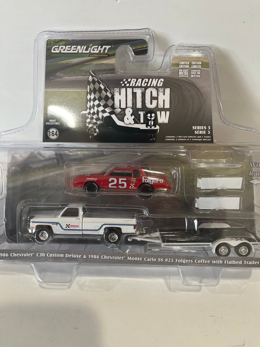 1/64 Greenlight Racing Hitch & Tow Tim Richmond 1986 Chevy C30 Custom Deluxe & 1986 Chevy Monte Carlo SS #25 Folgers Coffee w/ Flatbed Trailer