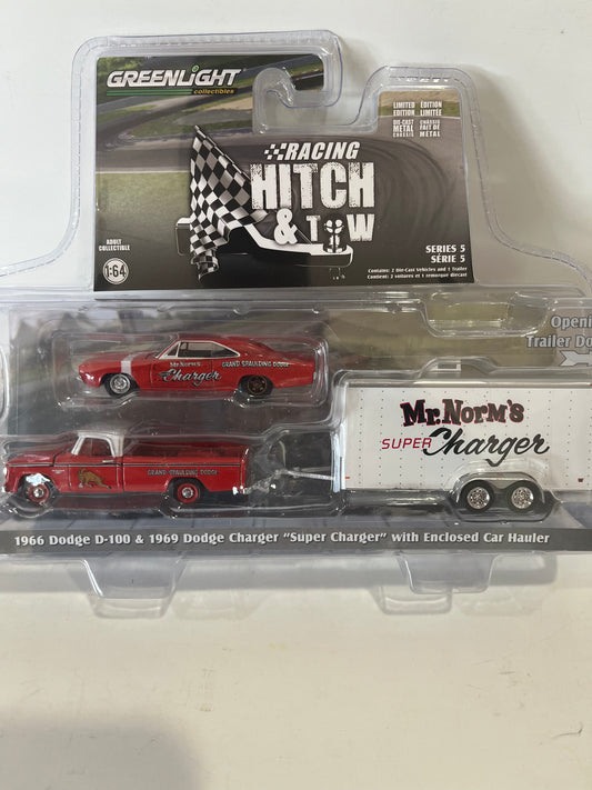 1/64 Greenlight Racing Hitch & Tow 1966 Dodge D-100 & 1969 Dodge Charger "Super Charger" w/ Enclosed Car Hauler